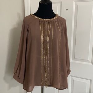Top Chic brand, size L  tan blouse with gold chain accessory
